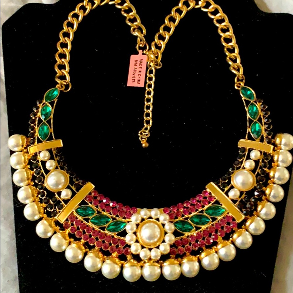 Pearl choker statement bib necklace w/crystals nwt